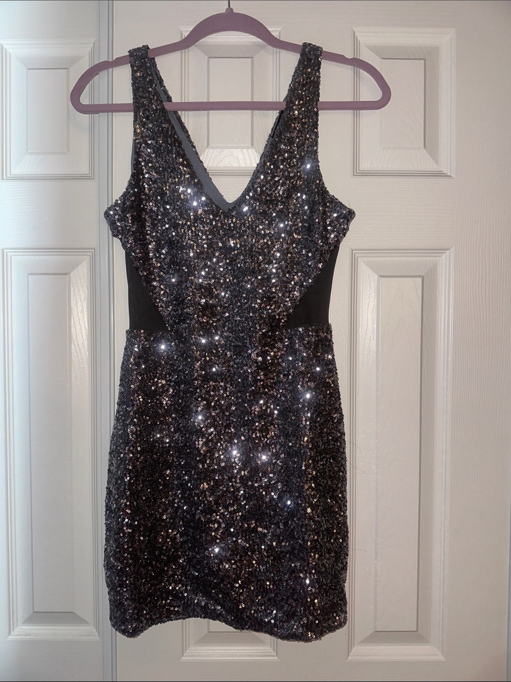 bebe Black Sequin V-Neck Mini Dress